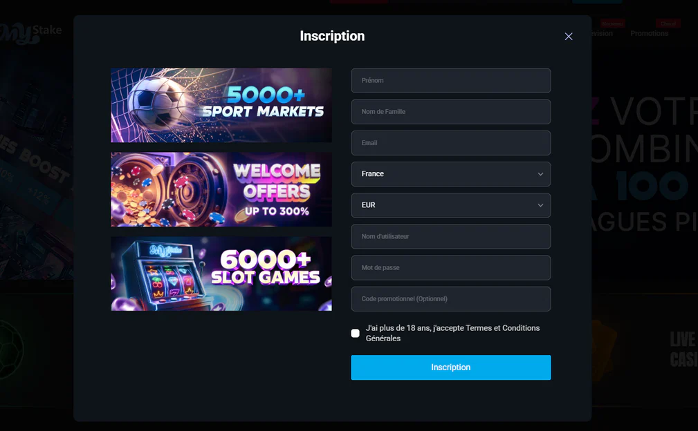 Fenêtre d’inscription au casino MyStake avec formulaire de création de compte, bonus jusqu’à 300 % et accès à plus de 6 000 jeux