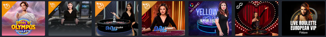 Sélection de jeux de casino en direct sur MyStake avec roulette, croupiers live et tables VIP